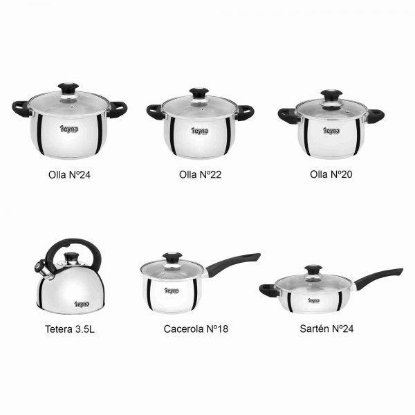 Descrip deluxe JUEGO DE OLLAS REYNA DELUXE 12PZ ACERO INOXIDABLE