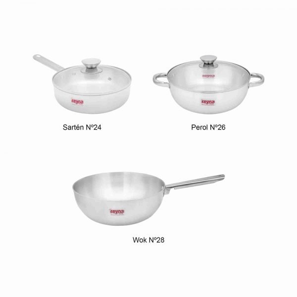 JUEGO PARA FREIR descrip JUEGO PARA FREIR SARTÉN + PEROL + WOK REYNA