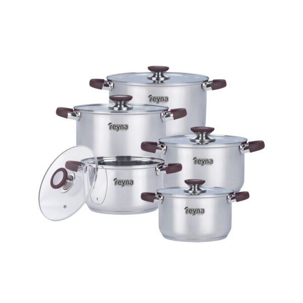Juego-ollas-smart-marrón JUEGO DE OLLAS REYNA SMART ACERO INOXIDABLE 10PZ TAPA VIDRIO TEMPLADO
