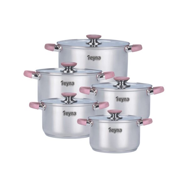 Juego-ollas-smart-rosado JUEGO DE OLLAS REYNA SMART ACERO INOXIDABLE 10PZ TAPA VIDRIO TEMPLADO