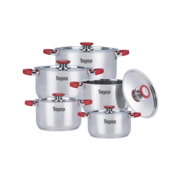 Juego-ollas-smart-tapa-acero-inoxidable-rojo JUEGO DE OLLAS REYNA SMART ACERO INOXIDABLE 10PZ TAPA ACERO INOXIDABLE