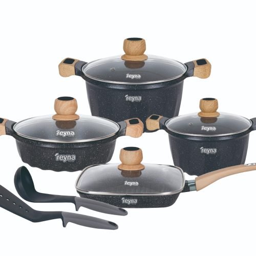 JUEGO OLLAS REYNA PETRA CON GRILLERA 10PZ ROCA VOLCÁNICA